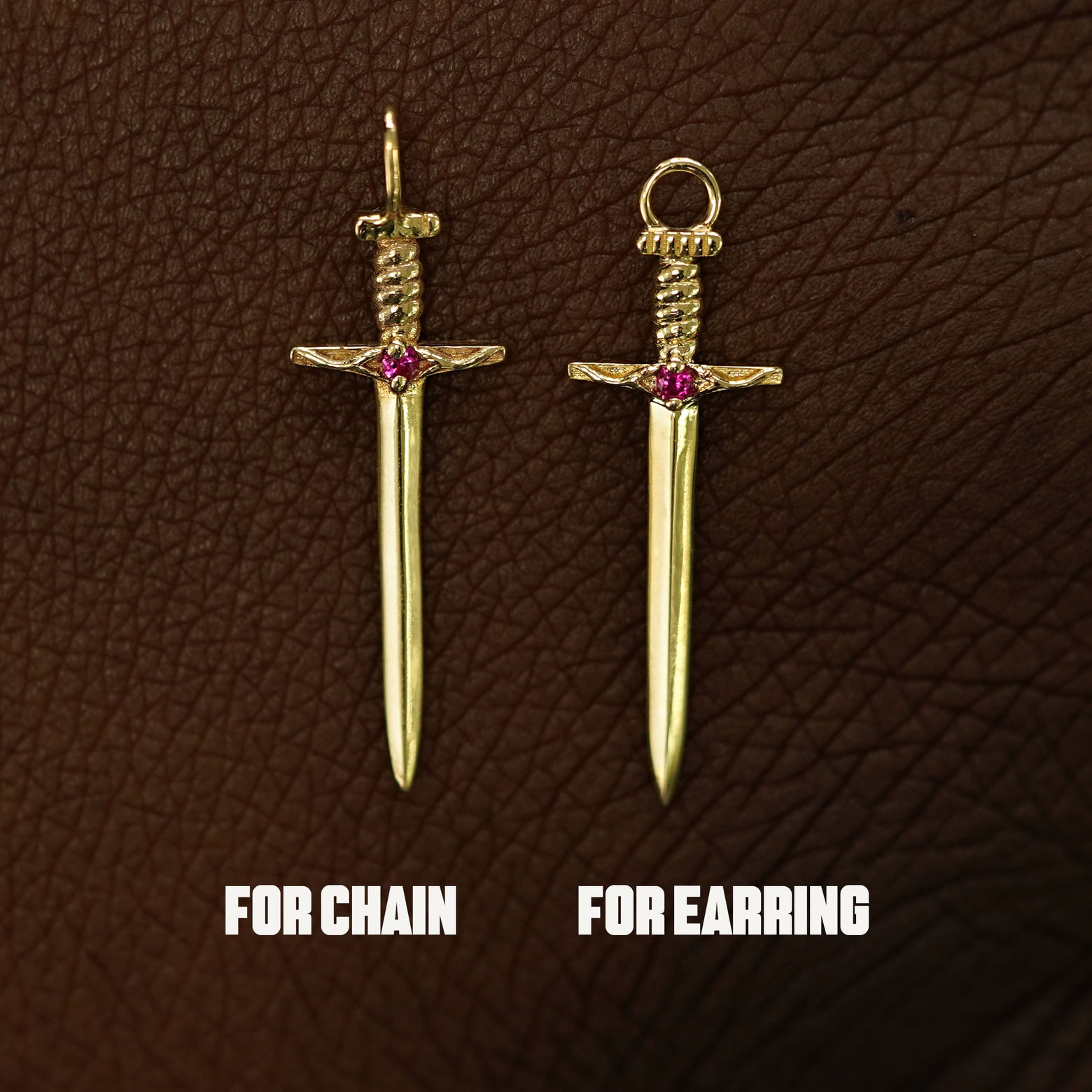 Two 14 karat solid gold ruby Sword Charms shown in the For Chain and For Earring options