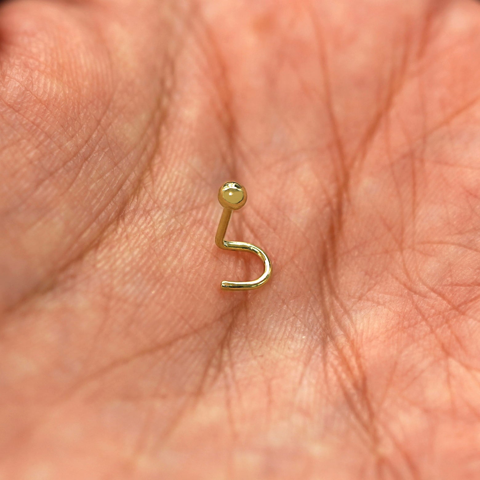 A 14 karat yellow gold Ball Nose Stud standing upright to show detail and resting in the palm of a model's hand