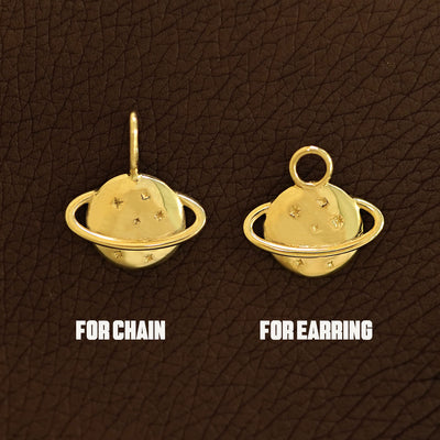 Two 14 karat solid gold Saturn Charms shown in the For Chain and For Earring options