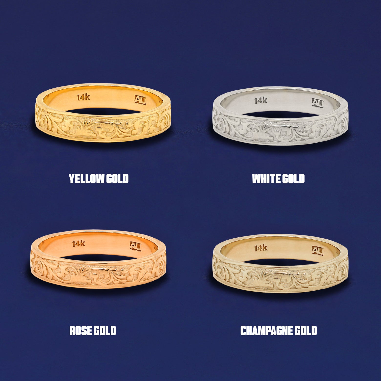 Four versions of the Filigree Band shown in options of yellow, white, rose and champagne gold