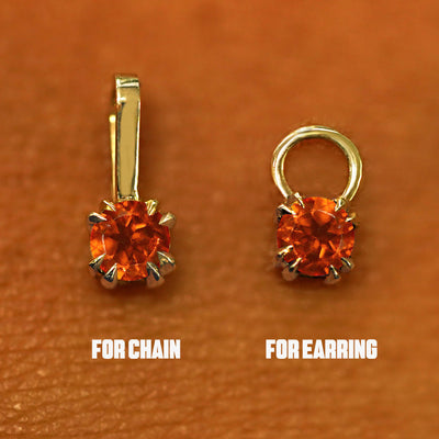 Two 14 karat solid gold Fire Opal Charms shown in the For Chain and For Earring options