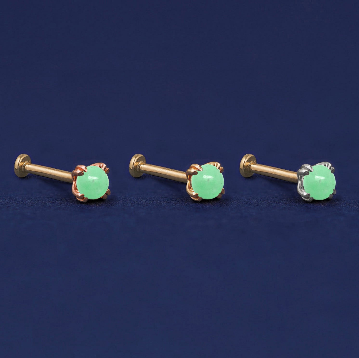 Three versions of the Green Jade Flat Back Earring shown in options of rose, yellow, and white gold