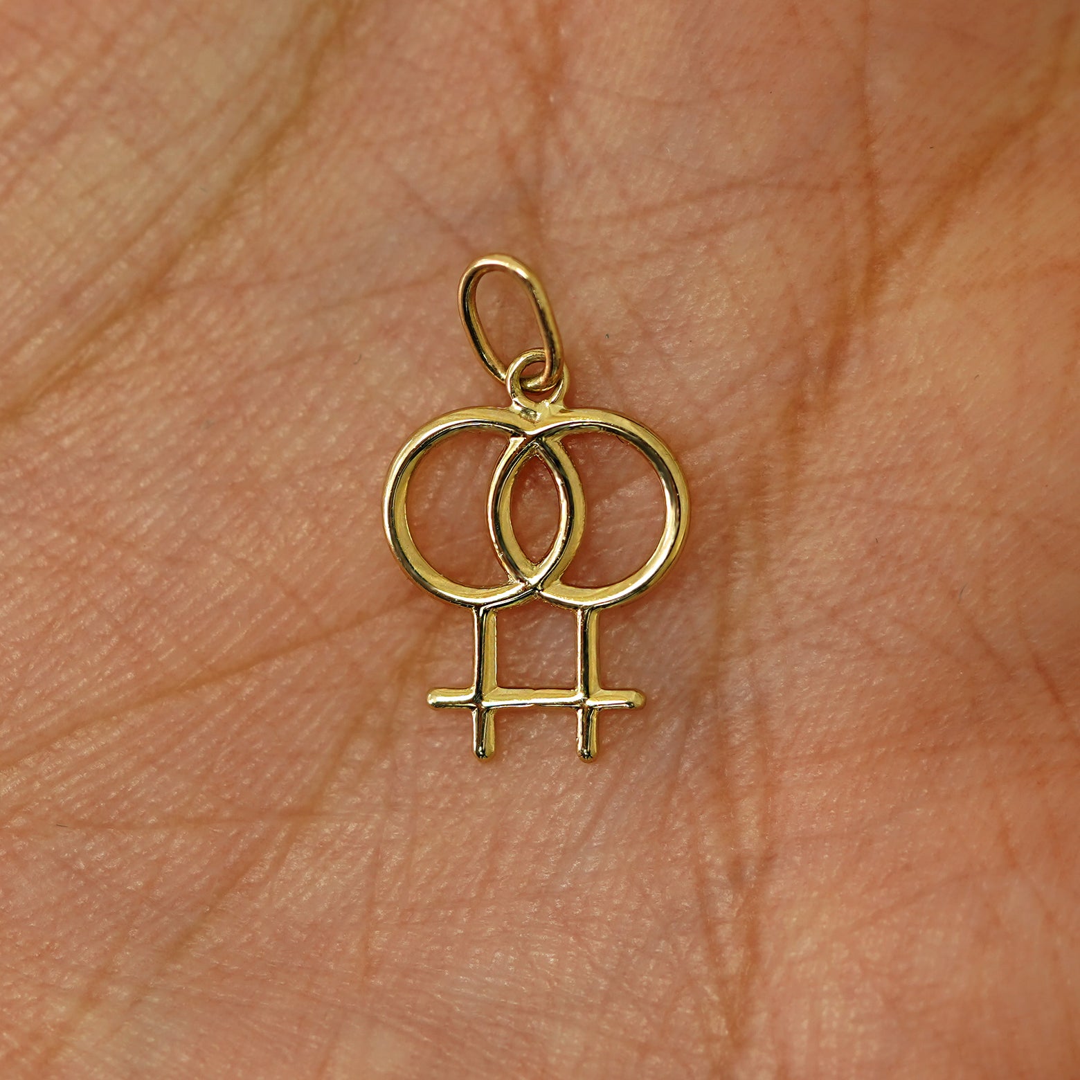A solid gold Lesbian Symbol Charm for chain resting in a model's palm