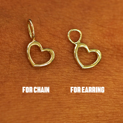 Two 14 karat solid gold Heart Charms shown in the For Chain and For Earring options