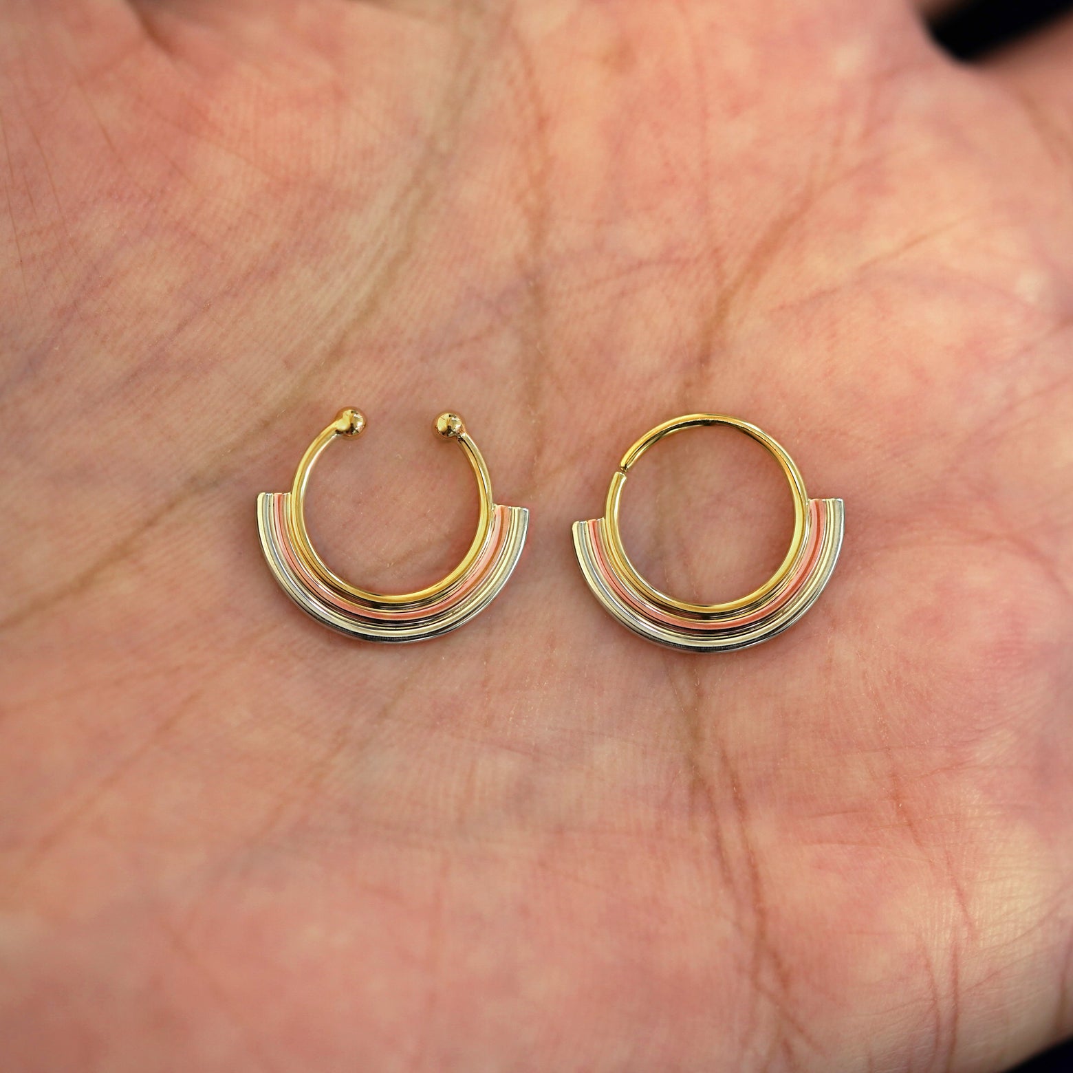 Two 14k solid gold Rainbow Septum rings show in options of Non-Pierced and Pierced resting in the palm of a model's hand