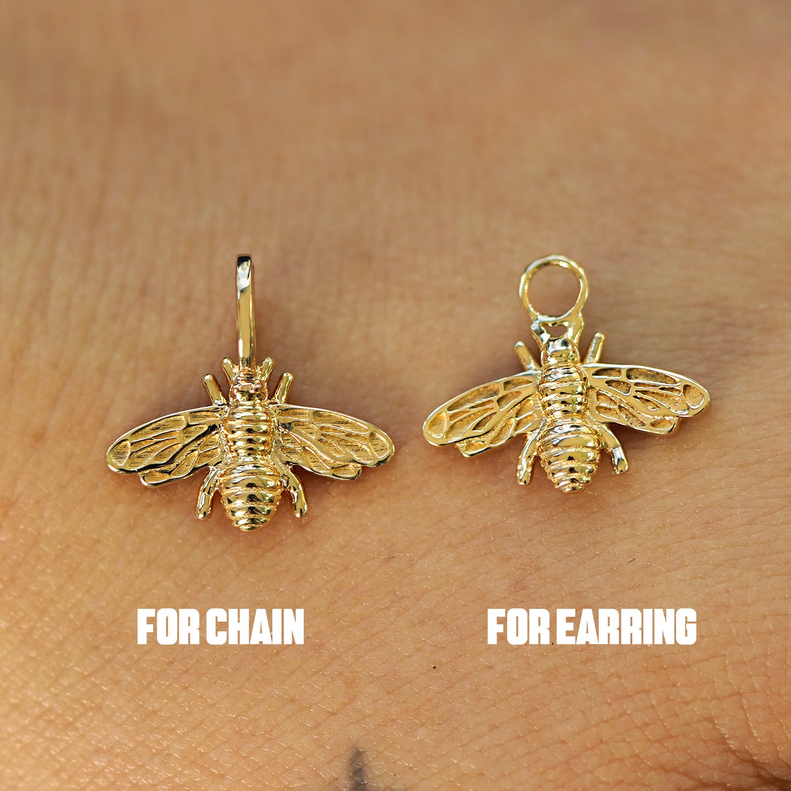 Two 14 karat solid gold Bee Charms shown in the For Chain and For Earring options