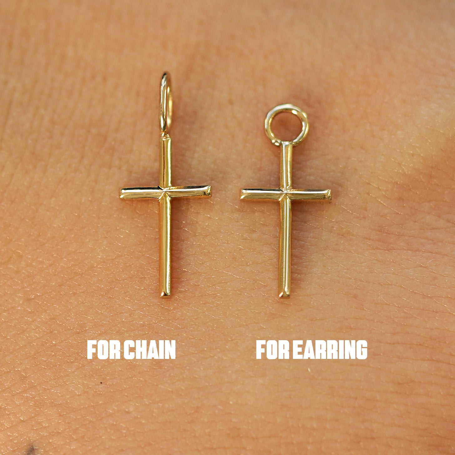 Two 14 karat solid gold Cross Charms shown in the For Chain and For Earring options