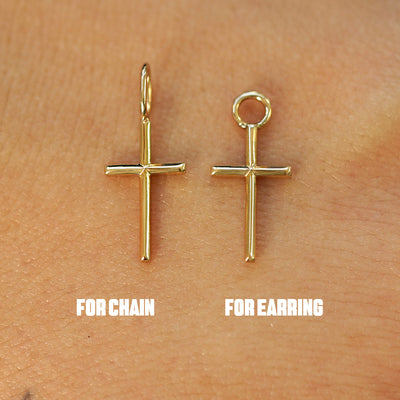 Two 14 karat solid gold Cross Charms shown in the For Chain and For Earring options