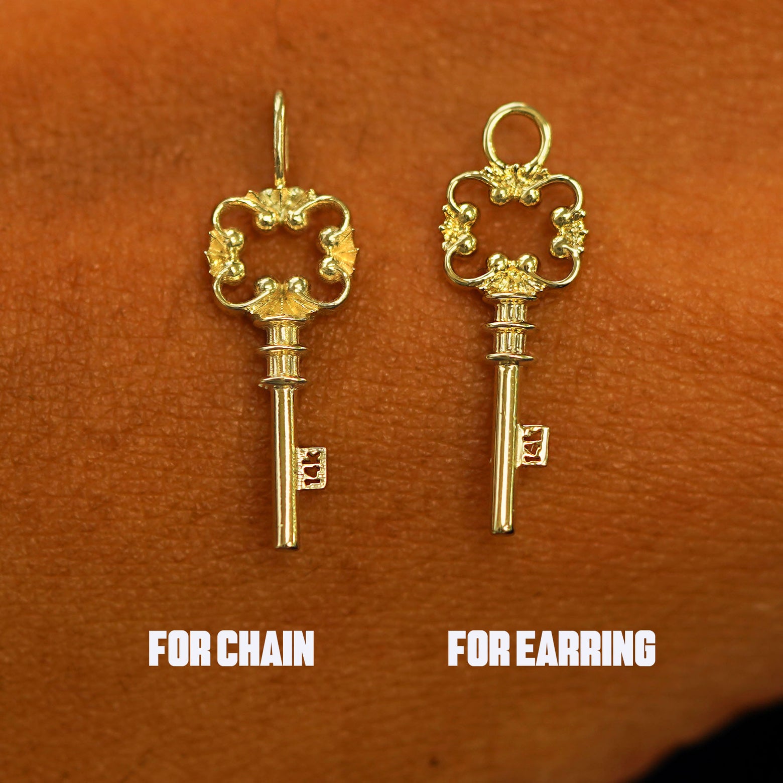 Two 14 karat solid gold Key Charms shown in the For Chain and For Earring options