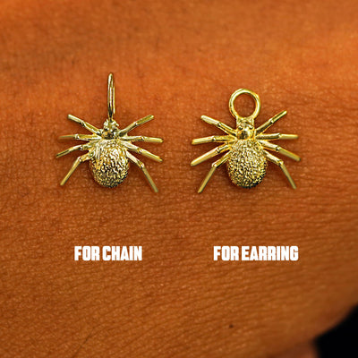 Two 14 karat solid gold Spider Charms shown in the For Chain and For Earring options