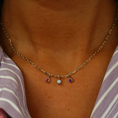 A model's neck wearing Ruby, Opal, and Amethyst charms on a 14k yellow gold Butch Chain
