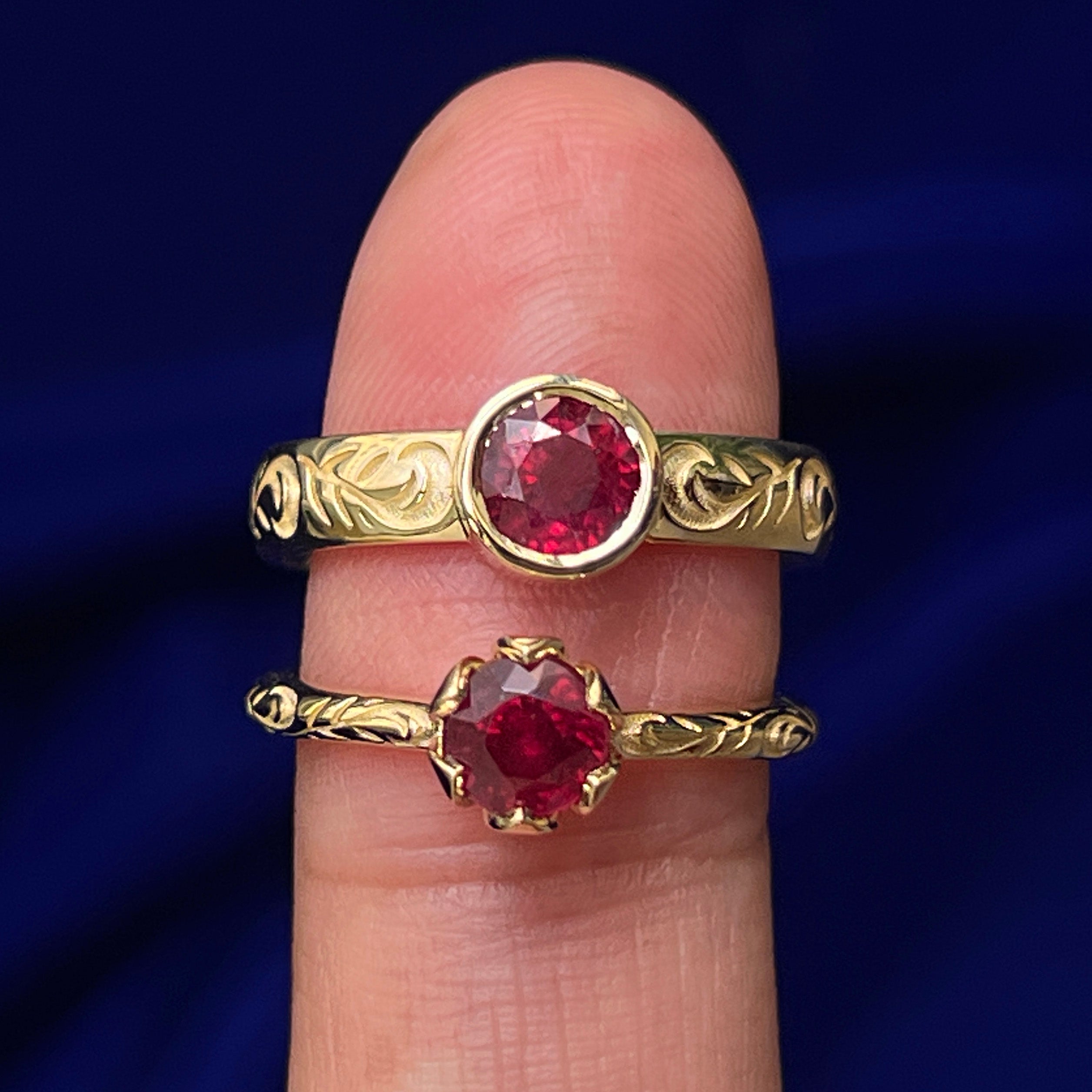 Engraved Leaves Ruby Ring Set