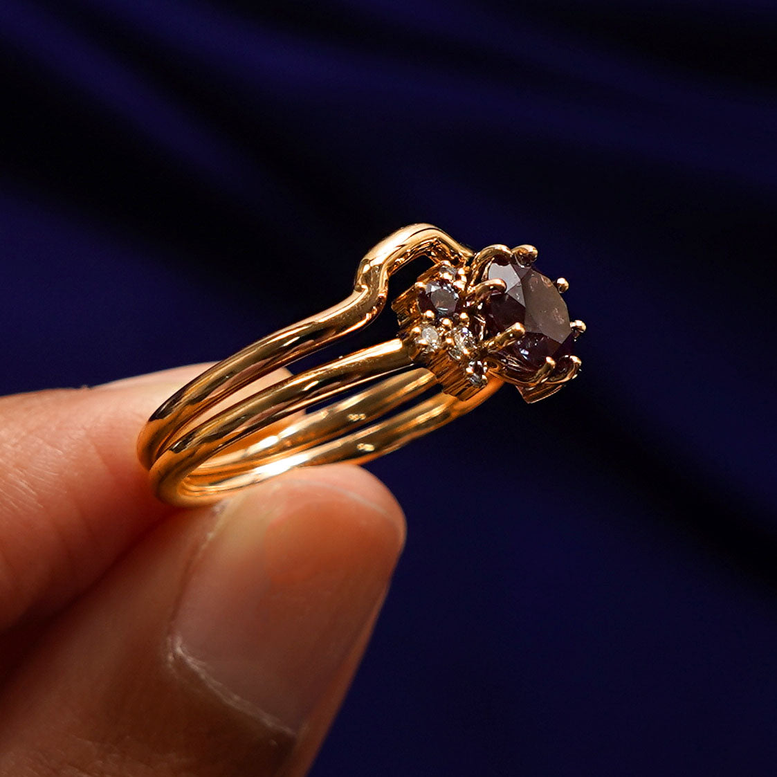 Alternate side view of an Alexandrite Cluster Ring Set to show detail 