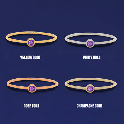 Four versions of the Amethyst Ring shown in options of yellow, white, rose and champagne gold