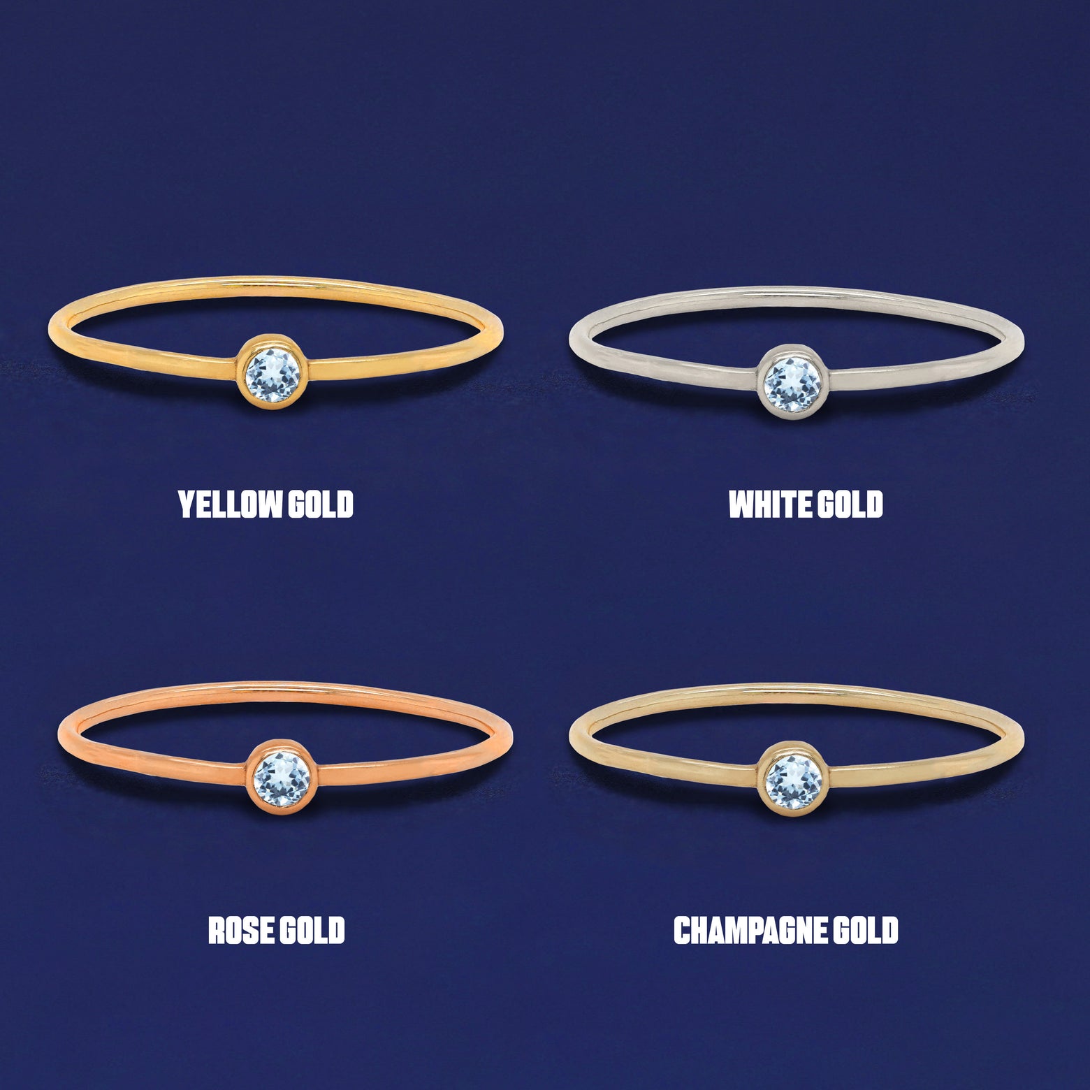 Four versions of the Aquamarine Ring shown in options of yellow, white, rose and champagne gold