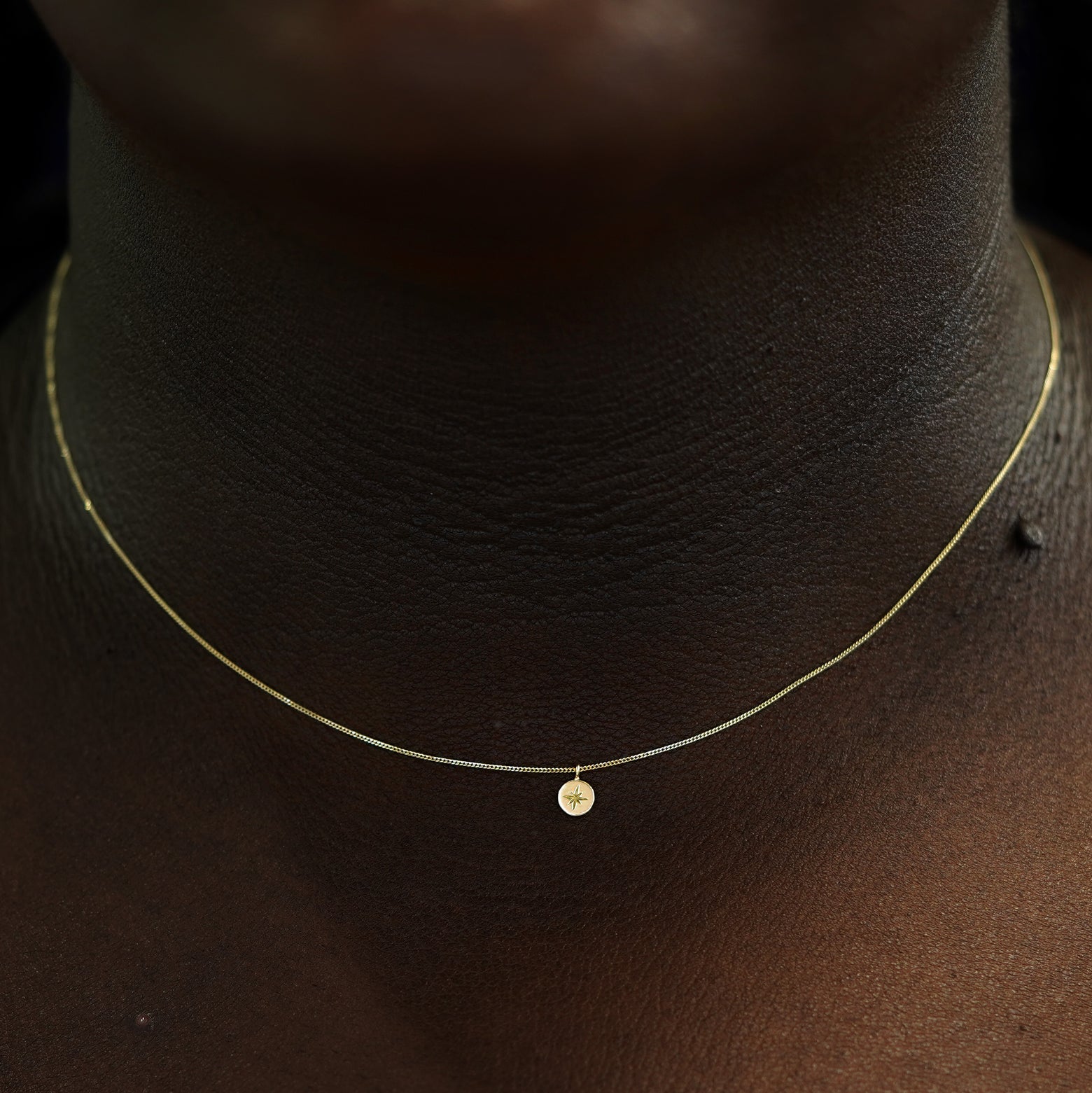 A model's neck wearing a 14k yellow gold Star Disk Necklace