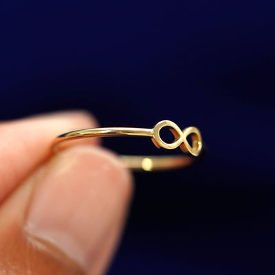 A model holding a Infinity Ring tilted to show the side of the ring