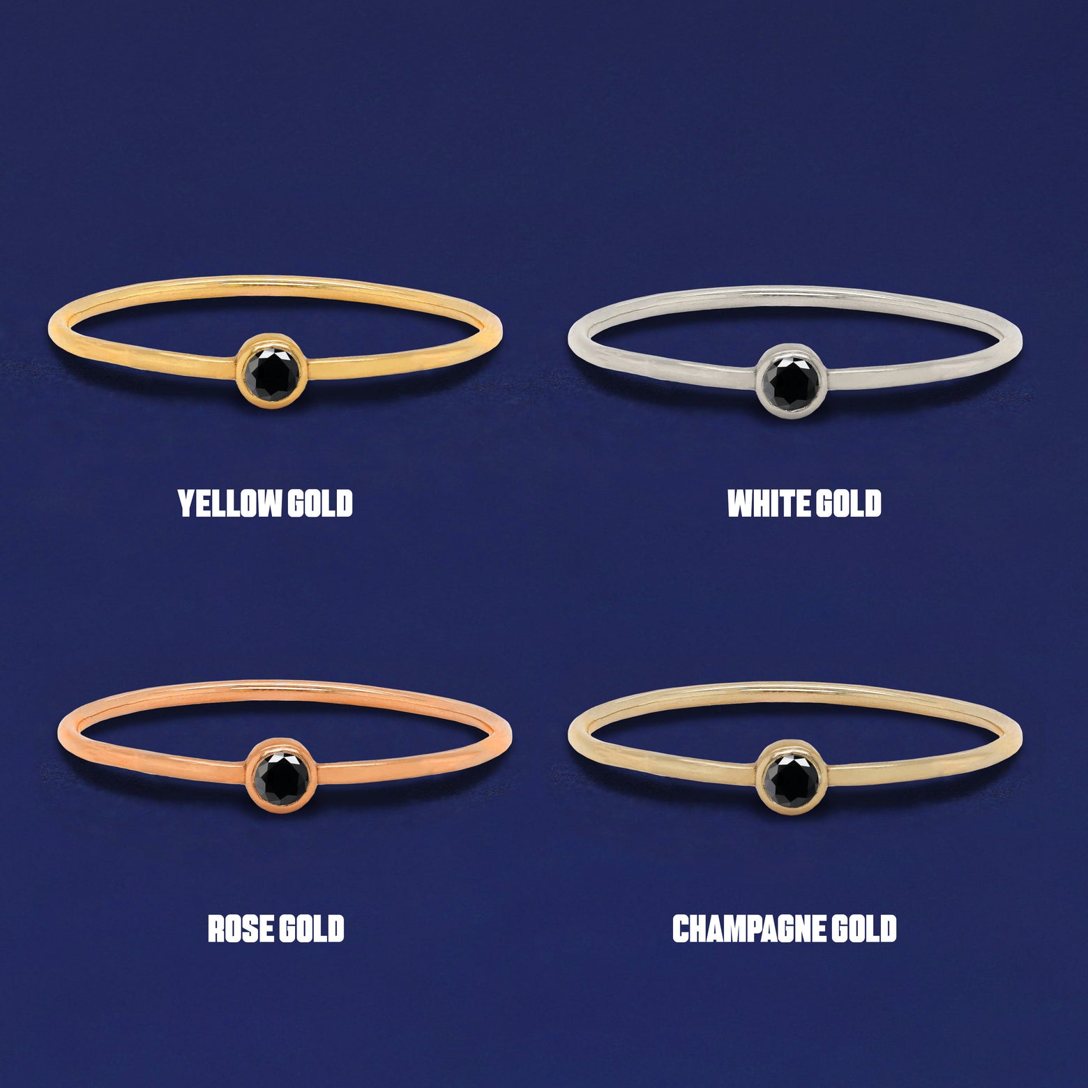 Four versions of the Black Diamond Ring shown in options of yellow, white, rose and champagne gold