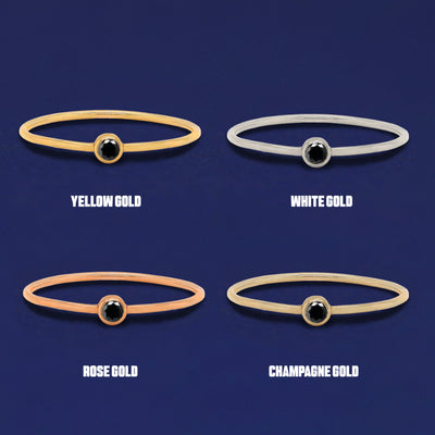 Four versions of the Black Diamond Ring shown in options of yellow, white, rose and champagne gold