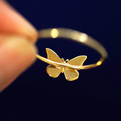 Underside view of a solid 14k gold Butterfly Ring