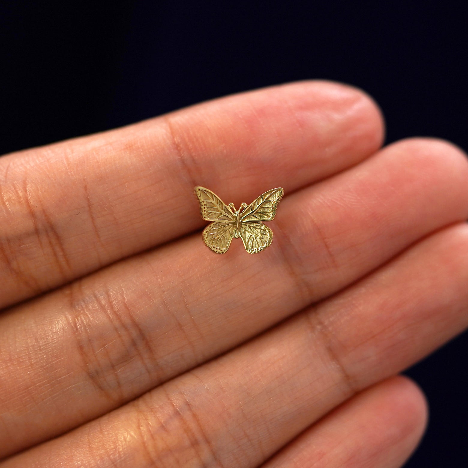 A solid 14k yellow gold Butterfly Earring in between a model's fingers