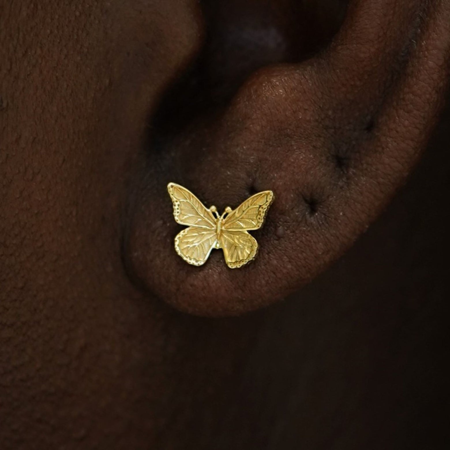 Close up view of a model's ear wearing a 14kv gold Butterfly Stud Earring
