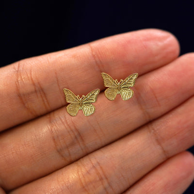 A model's hand holding a pair of recycled 14k gold Butterfly Earrings
