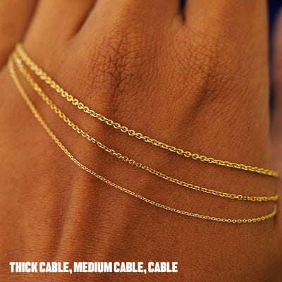 Thick Cable, Medium Cable, and classic Cable chains draped across the back of a model's hand to show difference in thickness