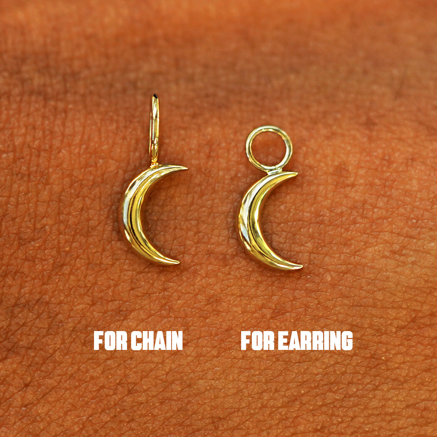 Two 14 karat solid gold Moon Charms shown in the For Chain and For Earring options