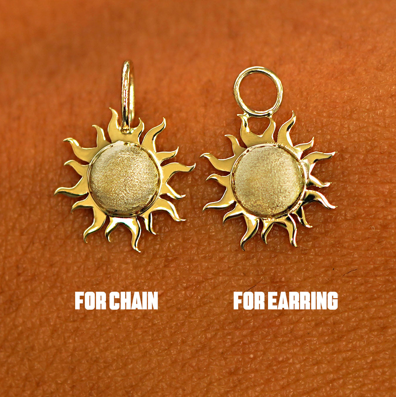Two 14 karat solid gold Sun Charms shown in the For Chain and For Earring options