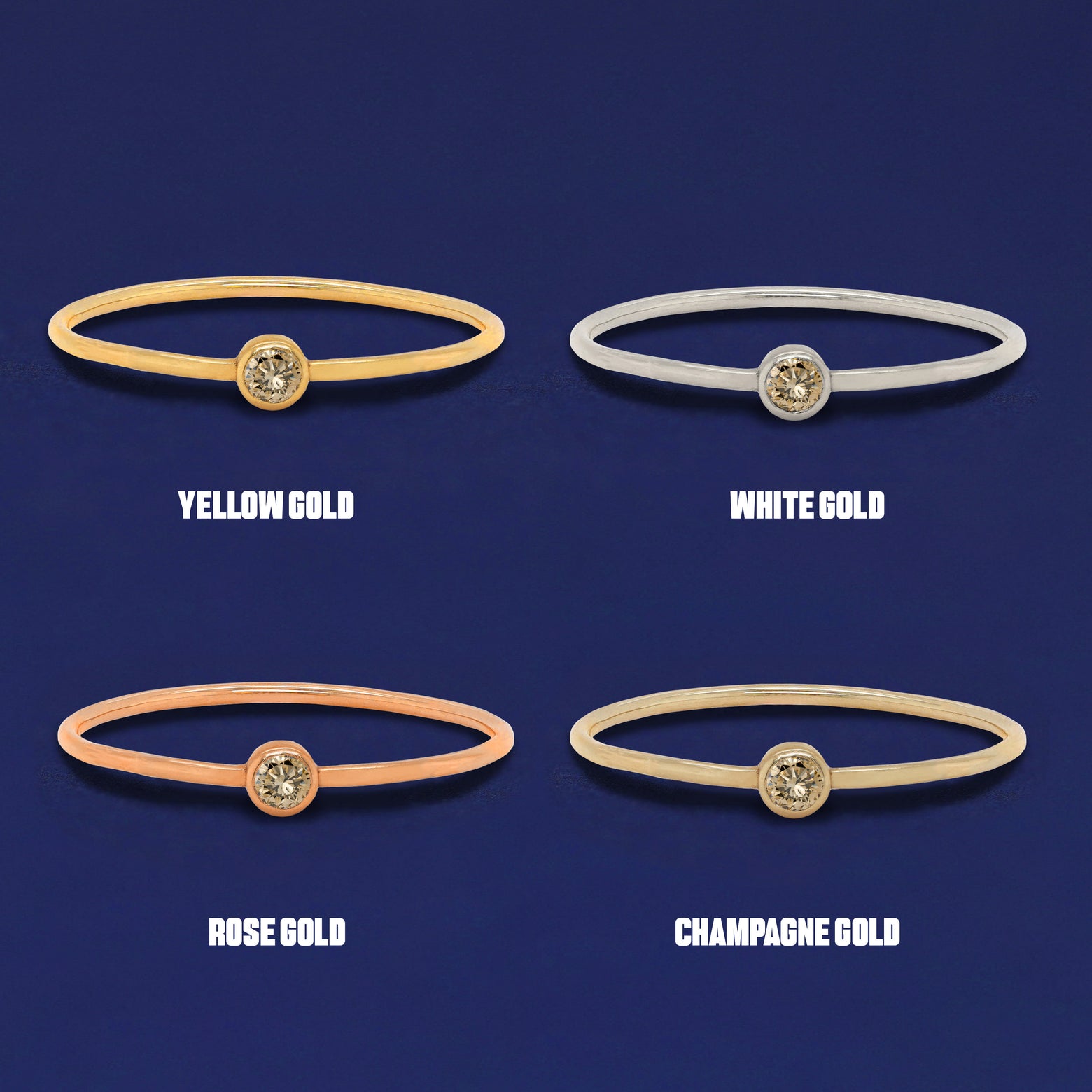 Four versions of the Champagne Diamond Ring shown in options of yellow, white, rose and champagne gold