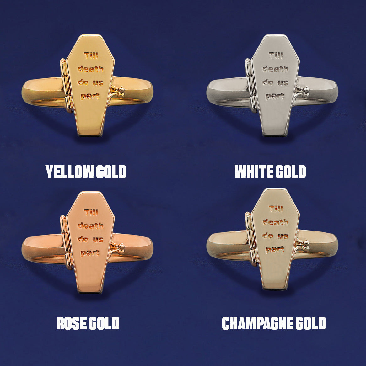 Four versions of the Coffin Ring shown in options of yellow, white, rose and champagne gold