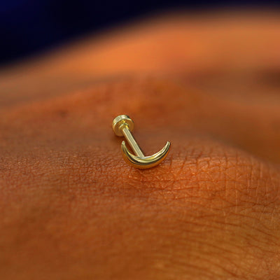 A solid 14k yellow gold Moon Flatback Piercing resting on the back of a model's hand