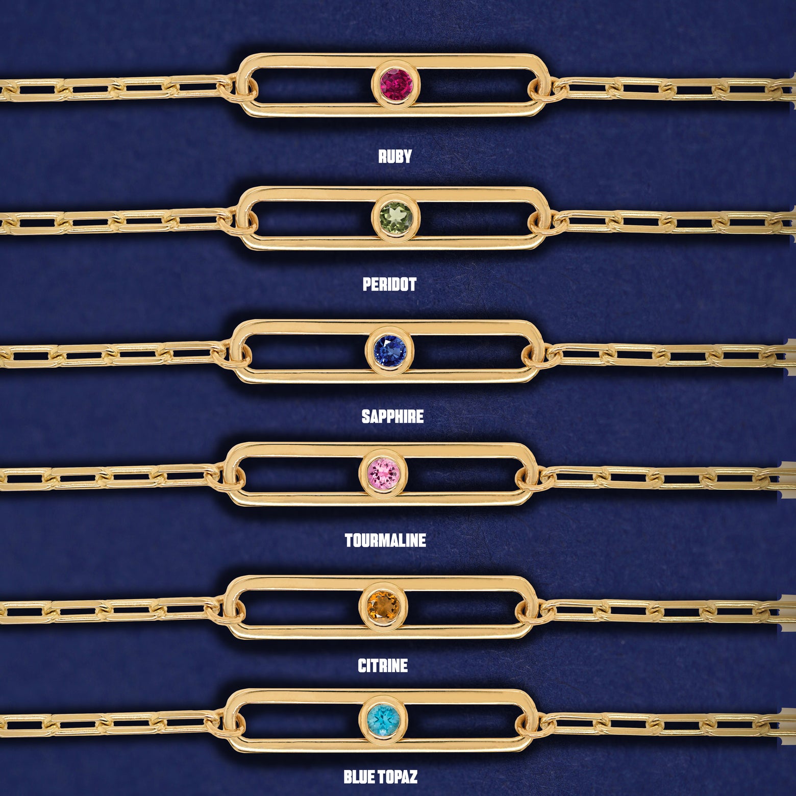 Six one-stone Dancing Gemstone bracelets showing options of Ruby, Peridot, Sapphire, Pink Tourmaline, Citrine, and Blue Topaz