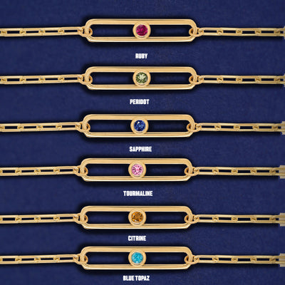 Six one-stone Dancing Gemstone bracelets showing options of Ruby, Peridot, Sapphire, Pink Tourmaline, Citrine, and Blue Topaz