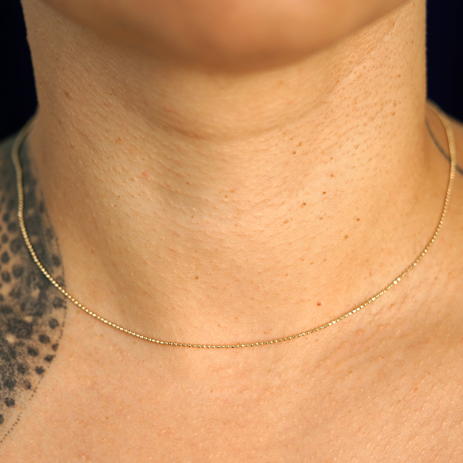 A model's neck wearing a solid yellow gold Bead Chain