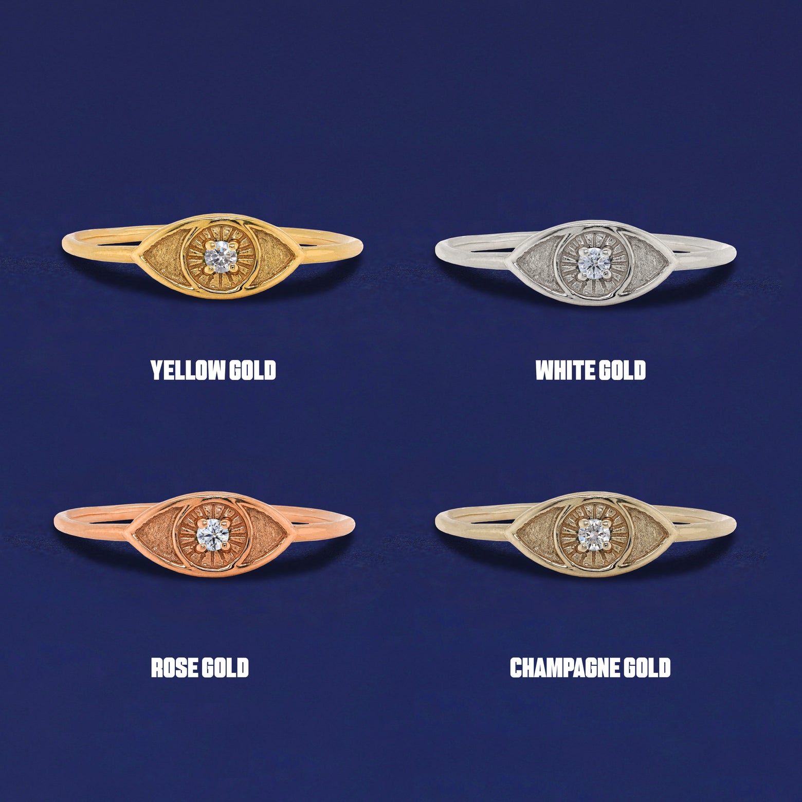 Four Evil Eye Ring versions in yellow, white, rose and champagne gold