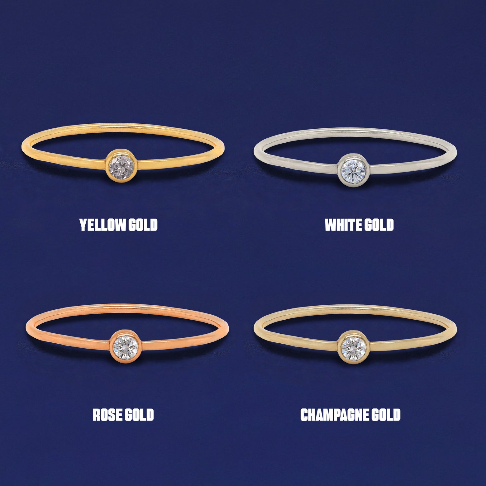 Four versions of the Diamond Ring shown in options of yellow, white, rose and champagne gold