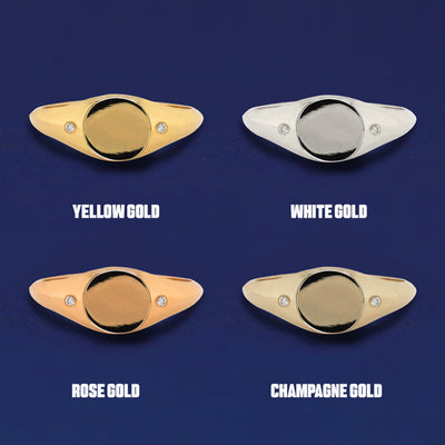 Four versions of the Diamond Signet Ring shown in options of yellow, white, rose and champagne gold
