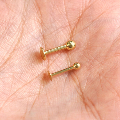 Small and Large Labret Piercings shown next to each other for size comparison in a model's hand