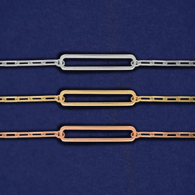 Three Floating Oval Bracelets shown in options of rose, yellow, and white gold