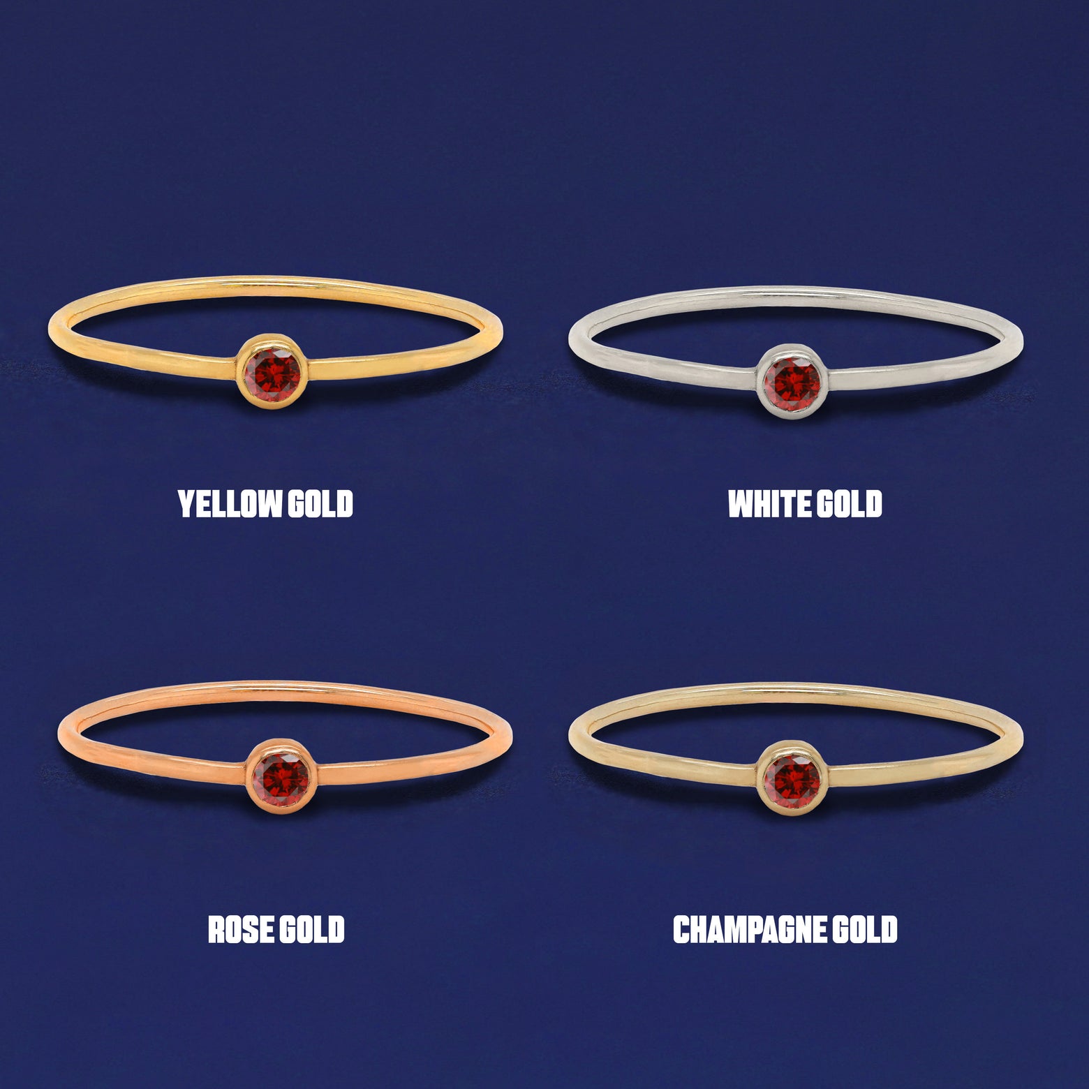 Four versions of the Garnet Ring shown in options of yellow, white, rose and champagne gold