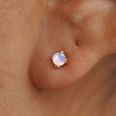 Close up view of a model's ear wearing a 14k yellow gold Moonstone Earring