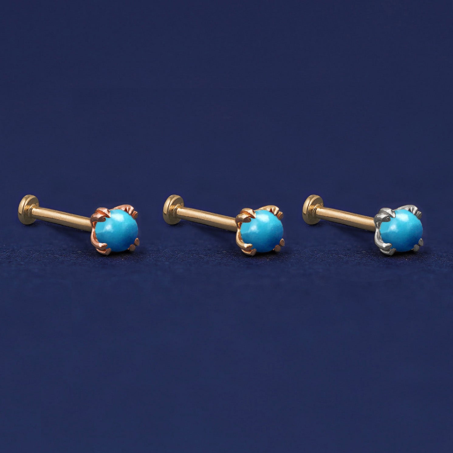 Three versions of the Turquoise Flat Back Earring shown in options of rose, yellow, and white gold