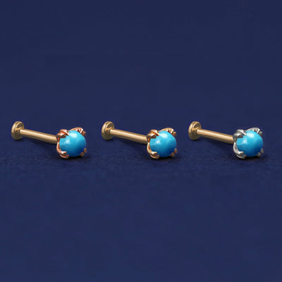 Three versions of the Turquoise Flat Back Earring shown in options of rose, yellow, and white gold