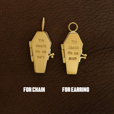 Two closed 14 karat solid gold Coffin Charms shown in the For Chain and For Earring options