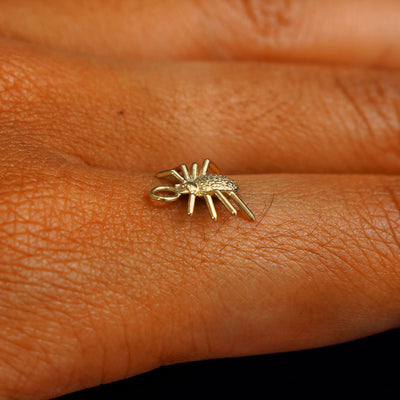 A 14k yellow gold Spider Charm for earring balancing on the back of a model's finger