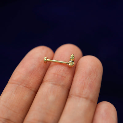 A 14k gold Graduated Ball Flatback Piercing sitting sideways on a model's fingertips to show detail