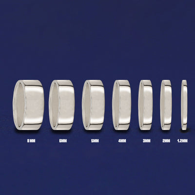 Seven versions of the Platinum Industrial Mirror Band showing the different thickness options of the ring from 8mm to 1.2mm