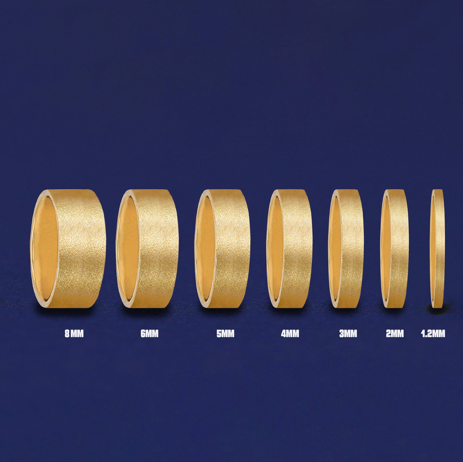 Seven versions of the Industrial Stardust Band showing the different thickness options of the ring from 8mm to 1.2mm